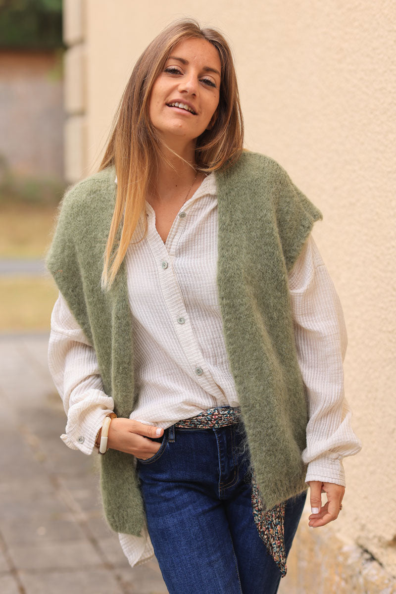 Khaki loose sleeveless cardigan in kid mohair chunky knit