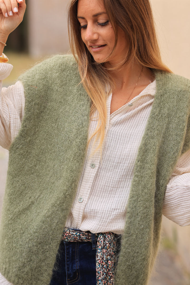 Khaki loose sleeveless cardigan in kid mohair chunky knit