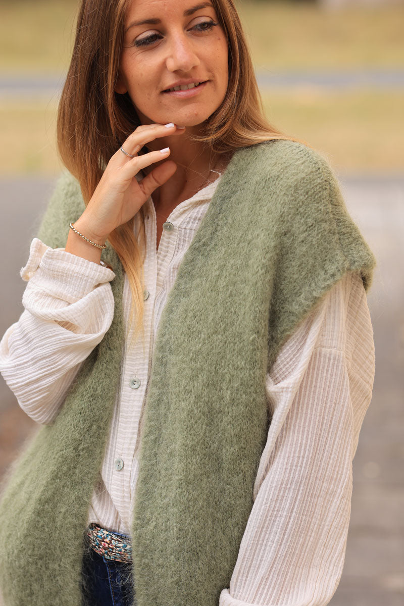 Khaki loose sleeveless cardigan in kid mohair chunky knit