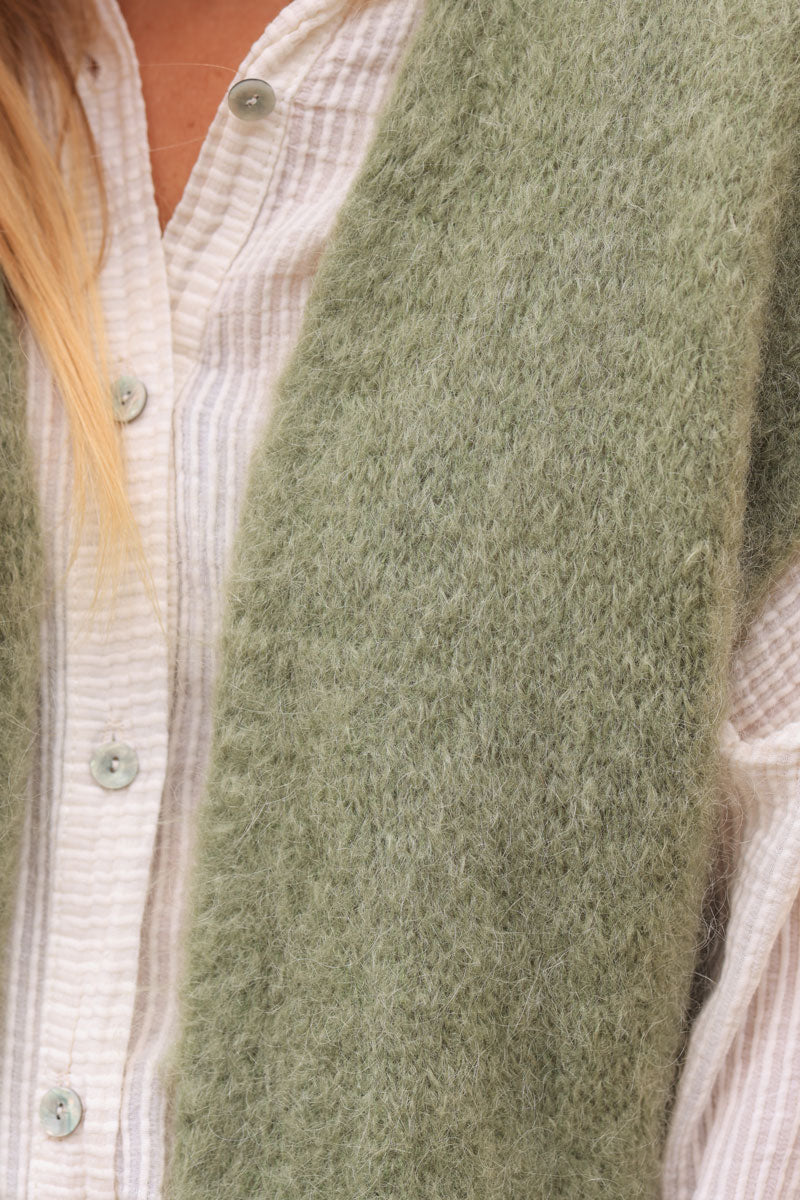 Khaki loose sleeveless cardigan in kid mohair chunky knit