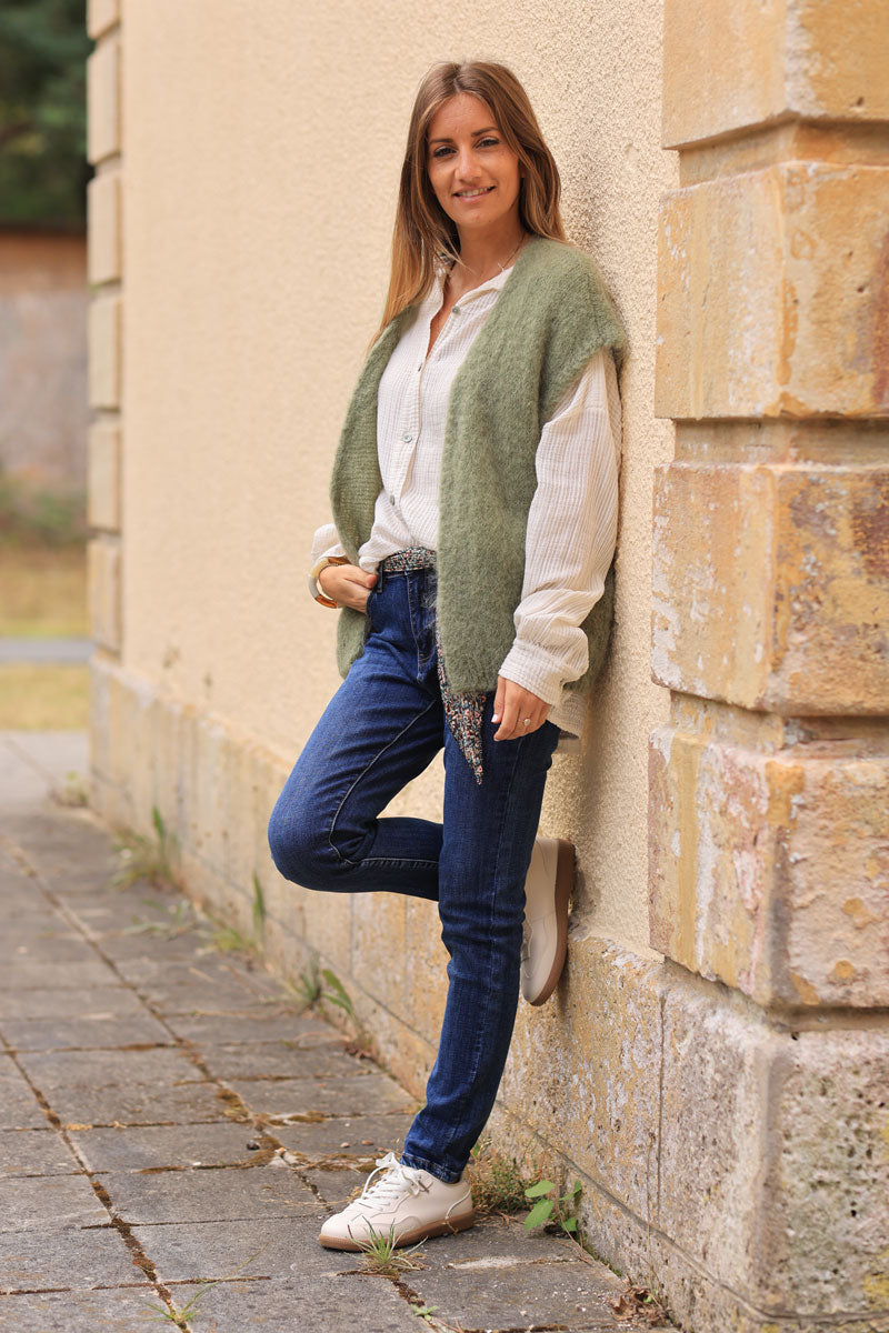 Khaki loose sleeveless cardigan in kid mohair chunky knit