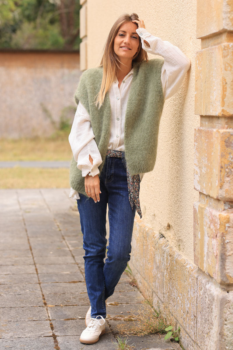 Khaki loose sleeveless cardigan in kid mohair chunky knit