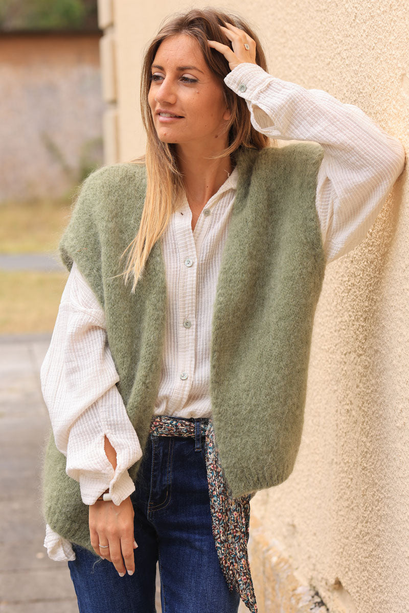 Khaki loose sleeveless cardigan in kid mohair chunky knit