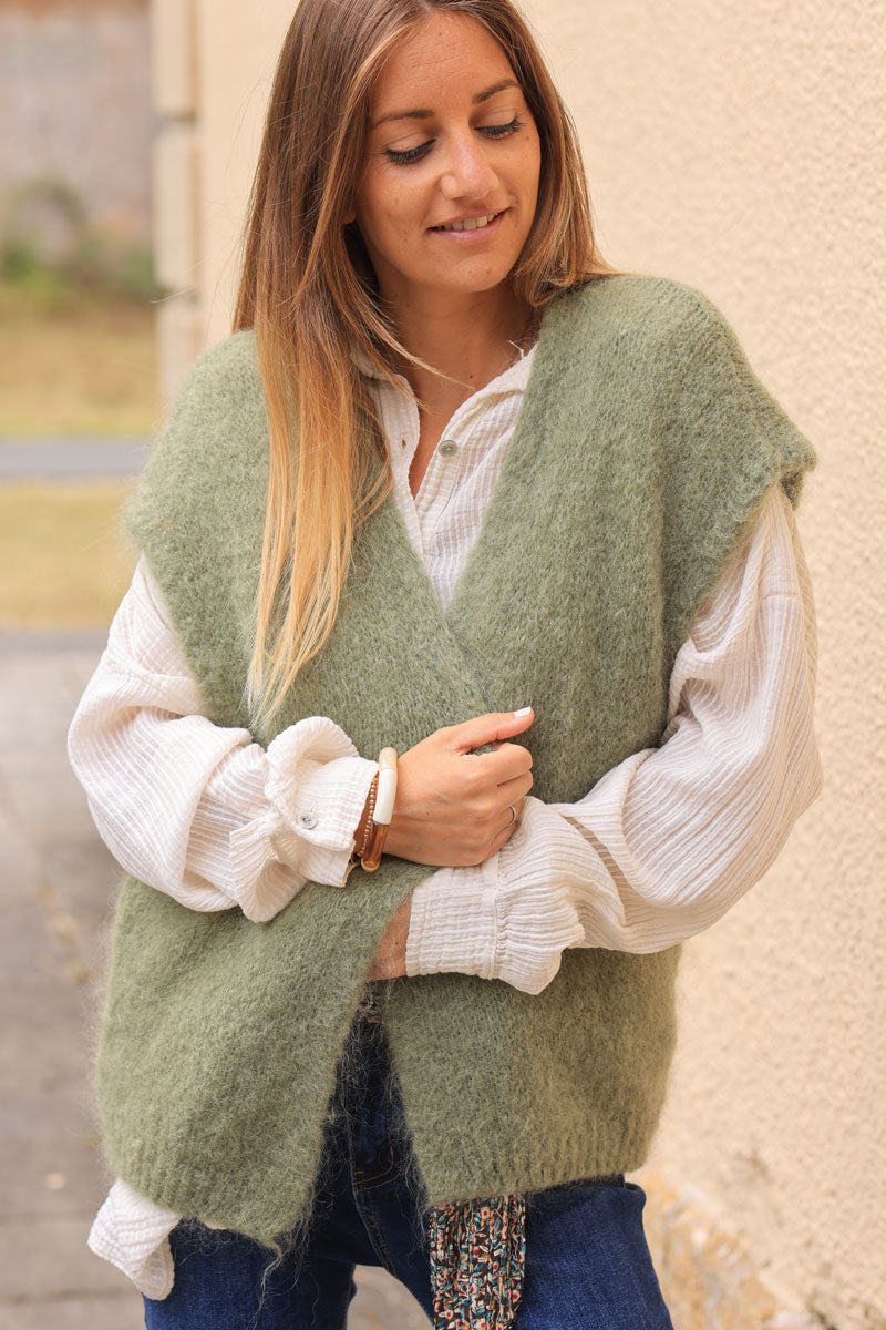 Khaki loose sleeveless cardigan in kid mohair chunky knit