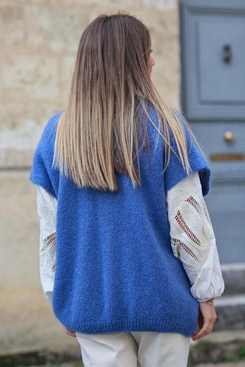 Dusty blue sleeveless chunky knit gilet