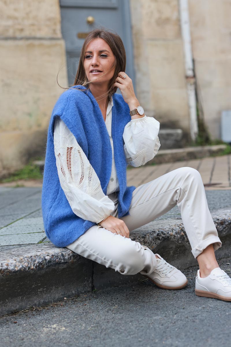 Dusty blue sleeveless chunky knit gilet