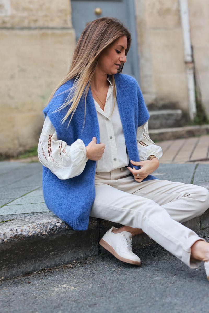 Dusty blue sleeveless chunky knit gilet