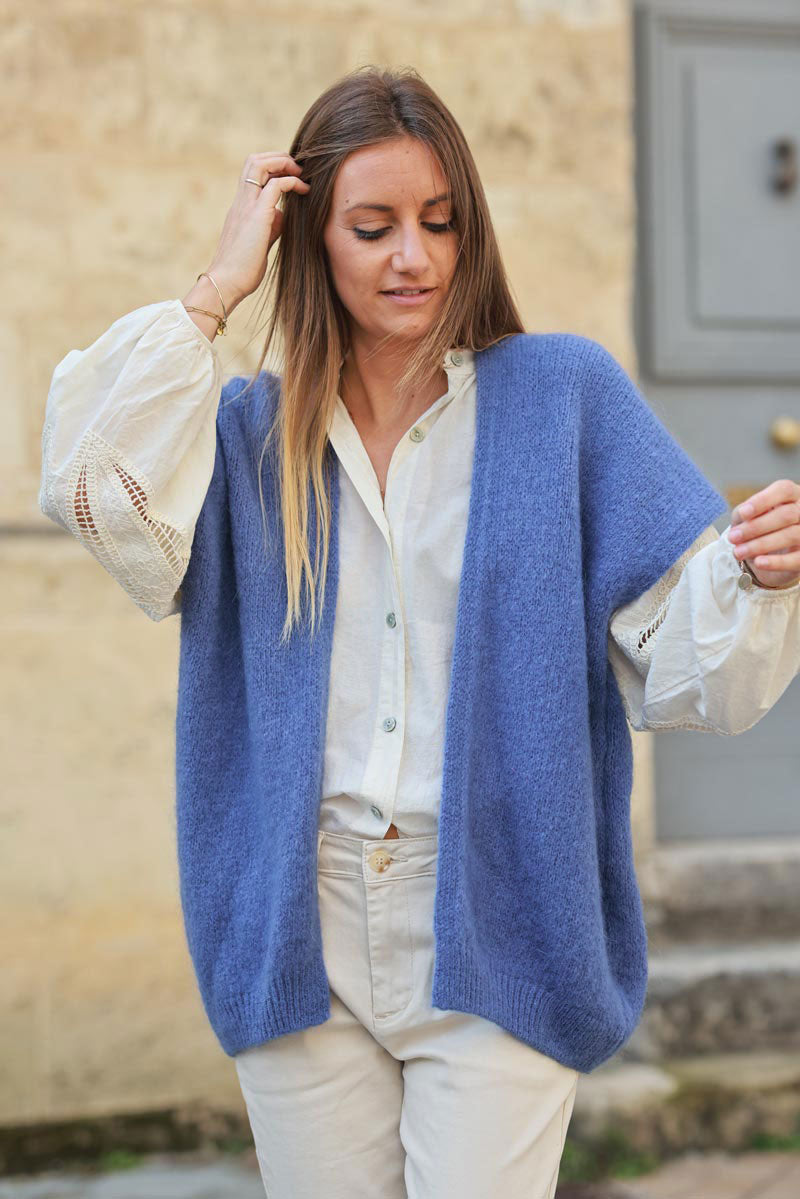 Gilet sans manches loose bleu jean grosse maille