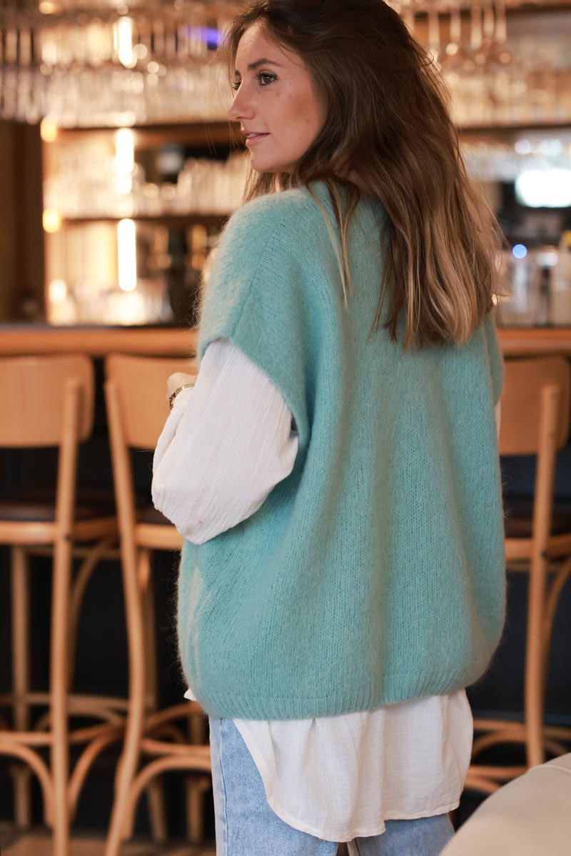 Water green Sleeveless Chunky Knit Vest