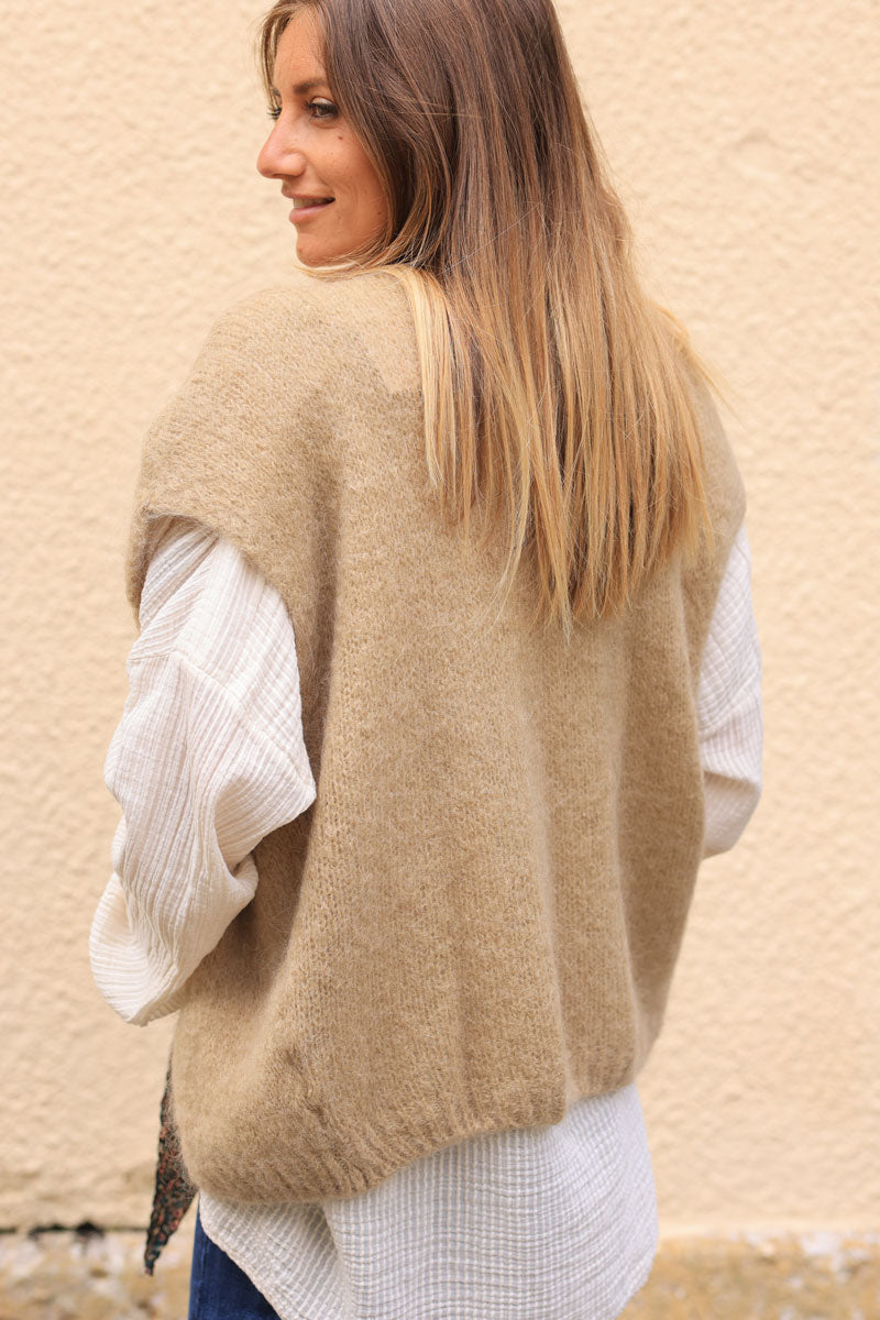 Ice brown loose sleeveless cardigan in kid mohair chunky knit