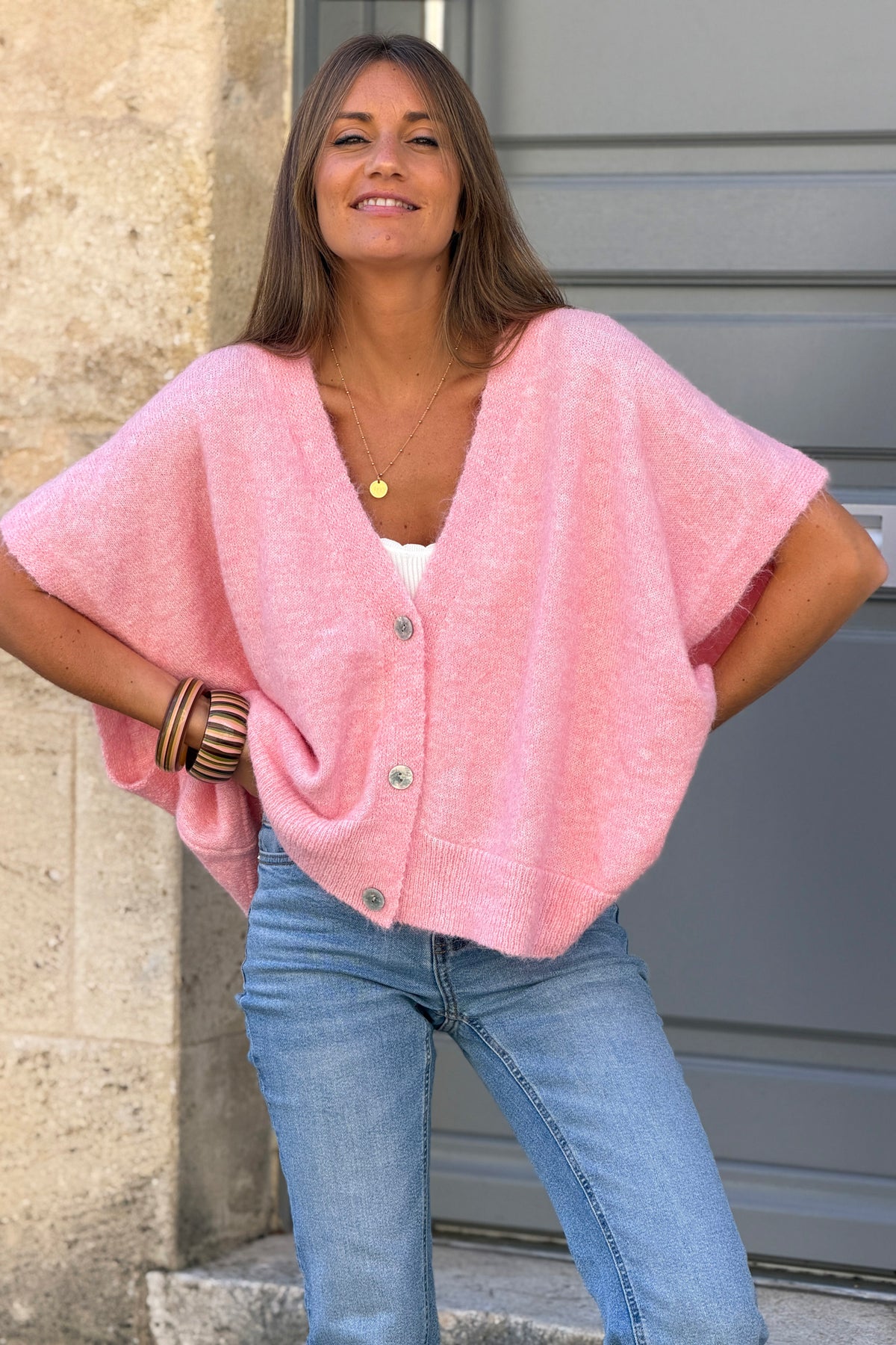 Gilet sans manches rose coupe loose en maille chinée boutons nacrés