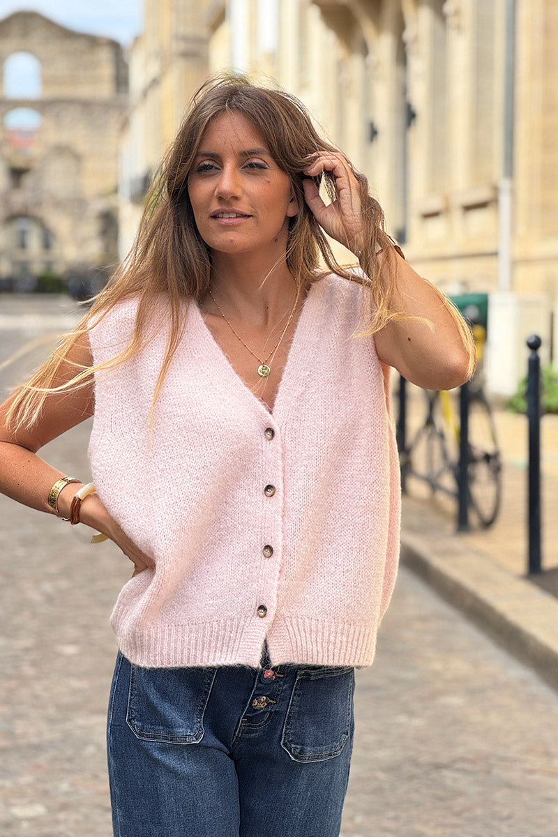 Gilet sans manches rose pâle en maille moelleuse kid mohair boutons écaille