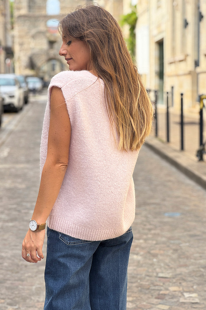 Gilet sans manches rose pâle en maille moelleuse kid mohair boutons écaille