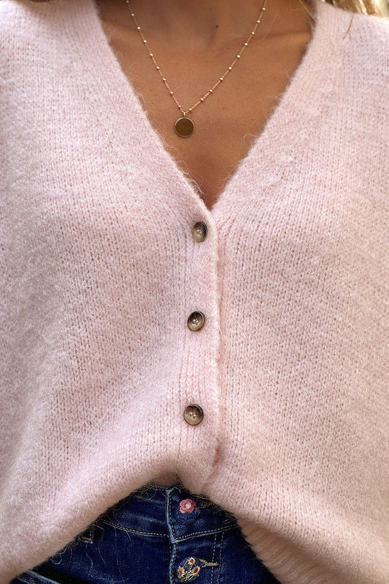 Gilet sans manches rose pâle en maille moelleuse kid mohair boutons écaille