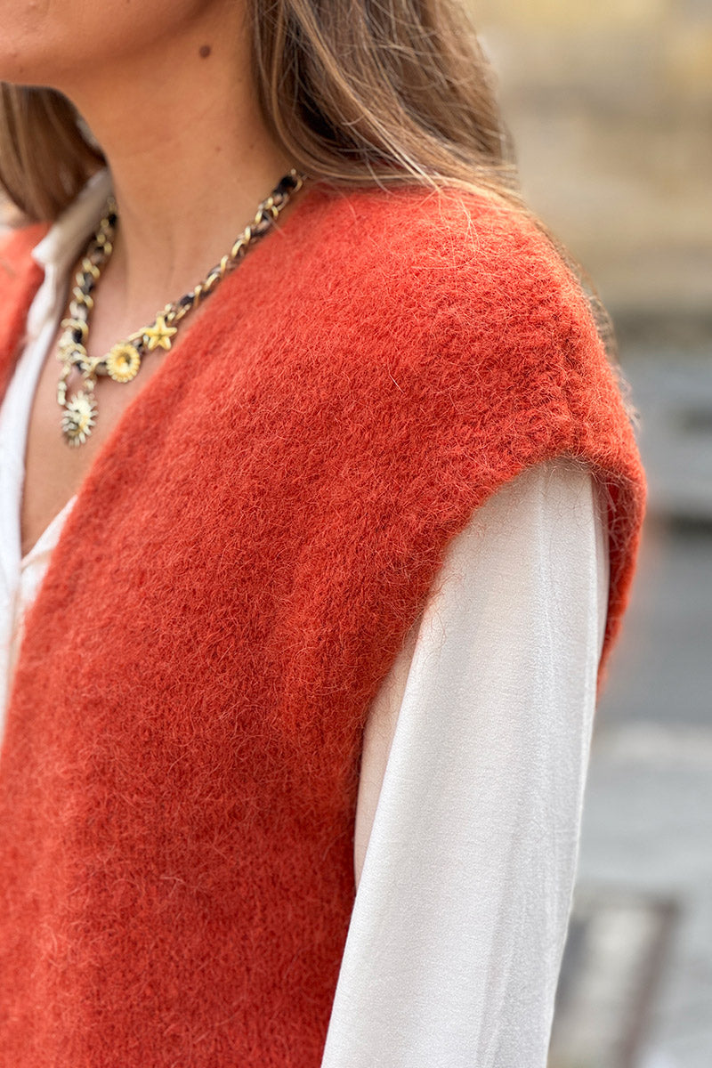 Brick Slouchy Mohair Knit Vest