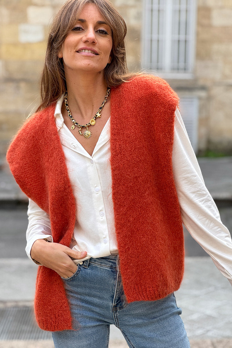 Brick Slouchy Mohair Knit Vest