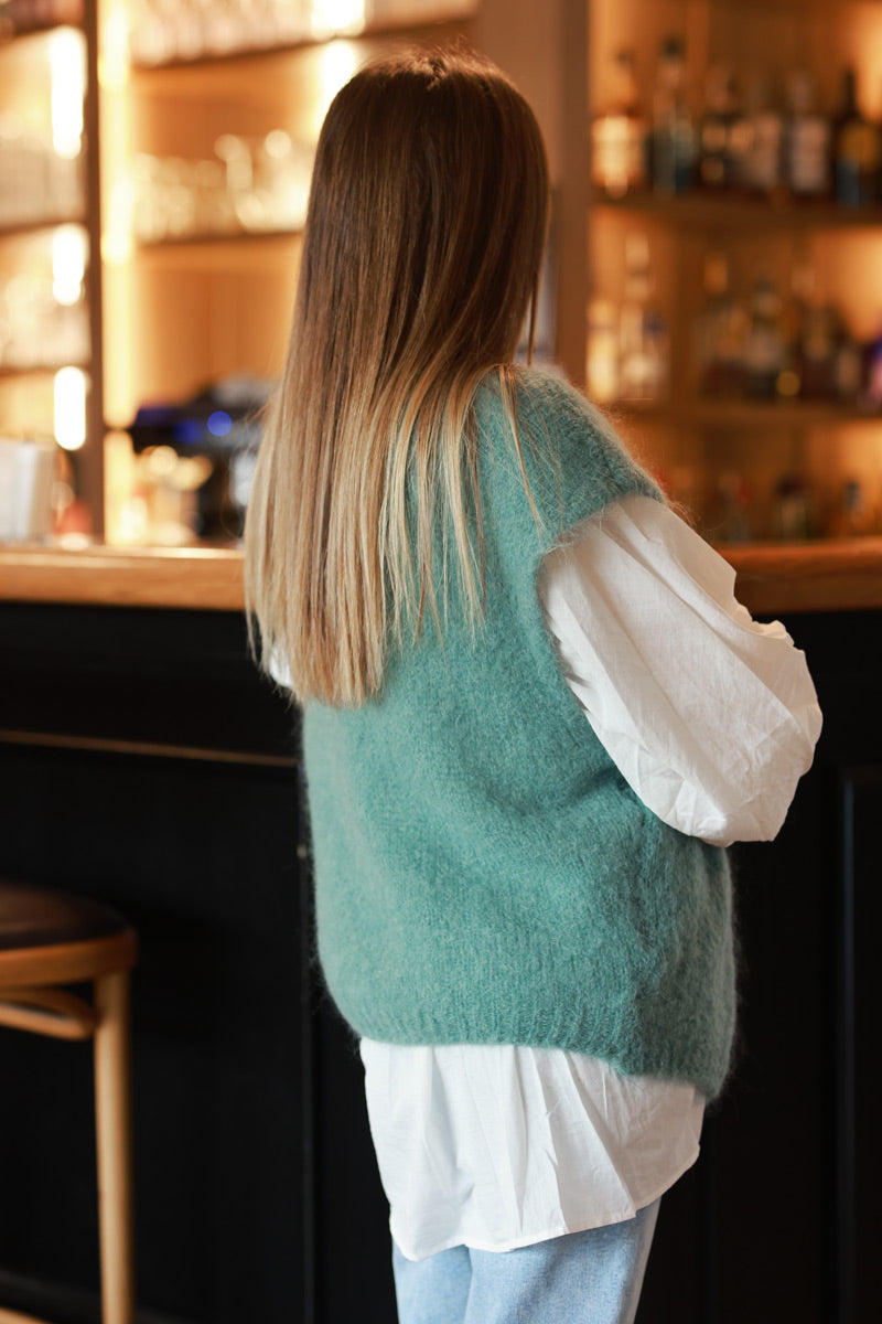 Celadon green loose sleeveless cardigan in kid mohair chunky knit