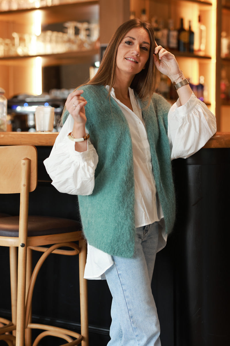 Celadon green loose sleeveless cardigan in kid mohair chunky knit