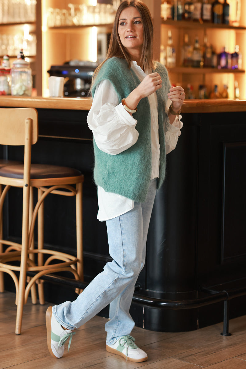 Celadon green loose sleeveless cardigan in kid mohair chunky knit