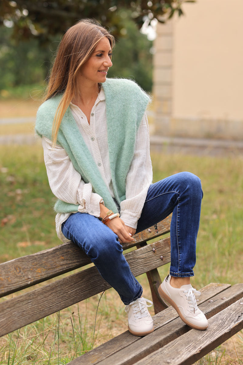 Water green loose sleeveless cardigan in kid mohair chunky knit