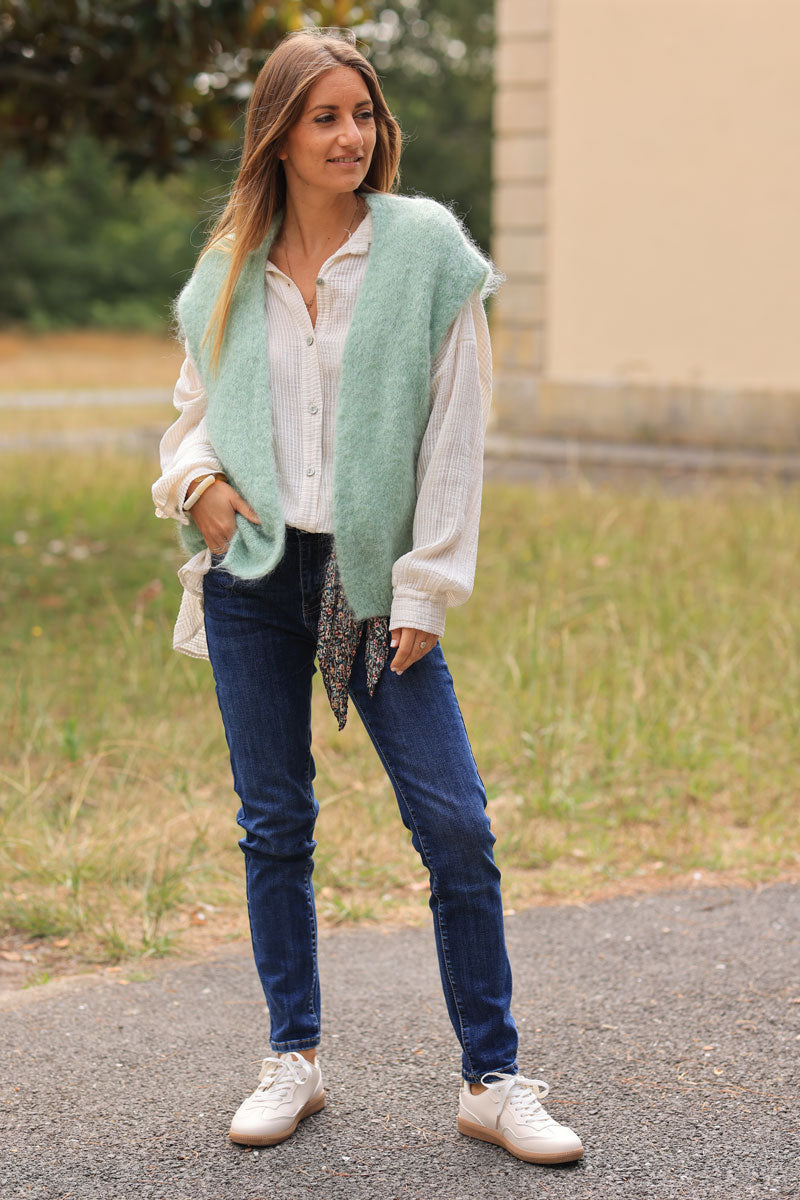 Water green loose sleeveless cardigan in kid mohair chunky knit