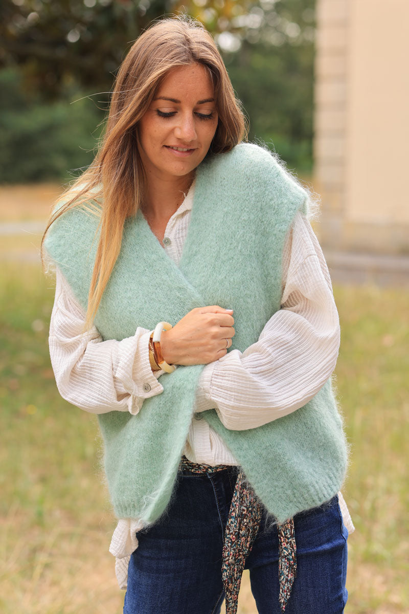 Water green loose sleeveless cardigan in kid mohair chunky knit