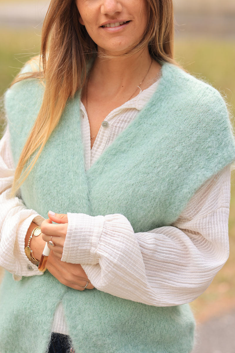 Water green loose sleeveless cardigan in kid mohair chunky knit