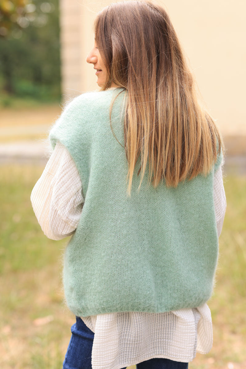 Water green loose sleeveless cardigan in kid mohair chunky knit