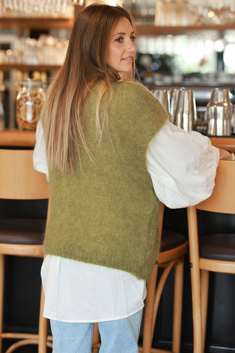 Olive green Loose Sleeveless Cardigan in Kid Mohair Chunky Knit