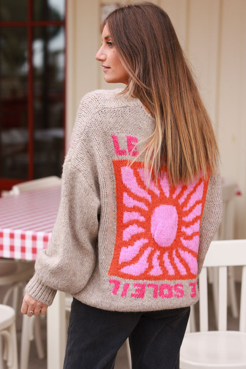 Taupe Knit “Le Soleil” Cardigan Sweater