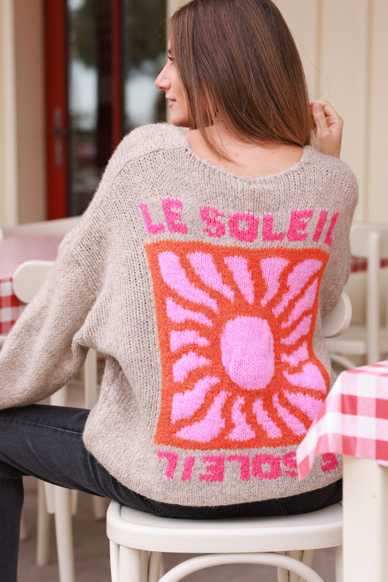 Taupe Knit “Le Soleil” Cardigan Sweater