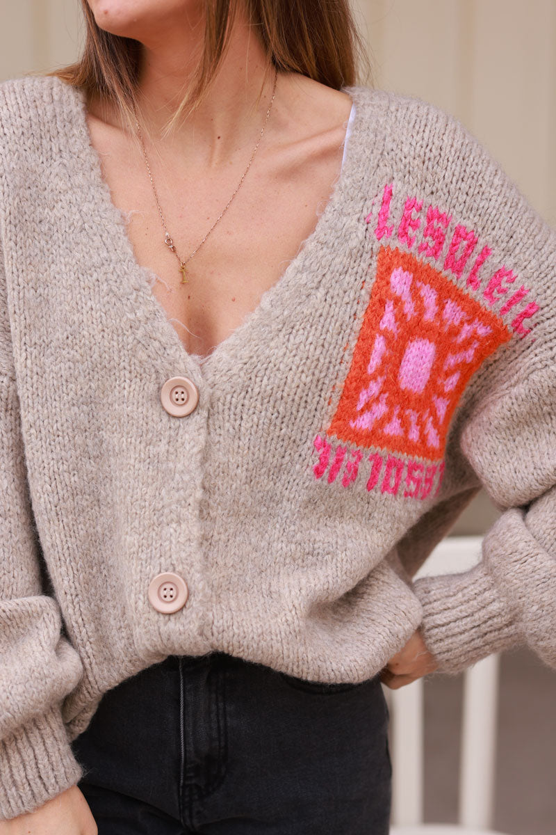 Taupe Knit “Le Soleil” Cardigan Sweater