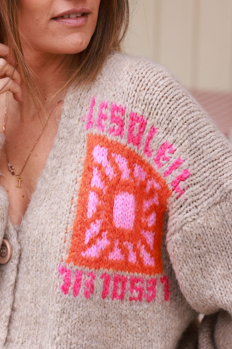 Taupe Knit “Le Soleil” Cardigan Sweater