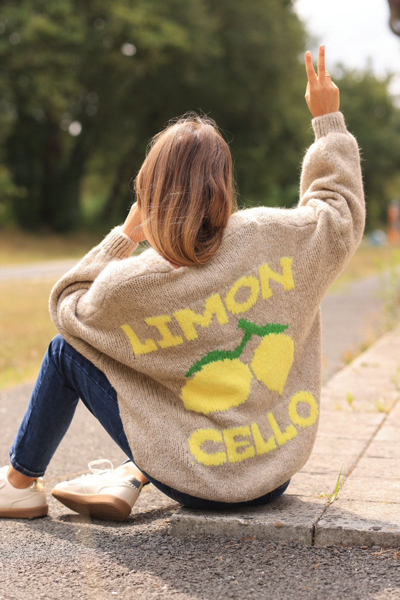 Taupe chunky knit cardigan with lemon 'limoncello' back pattern