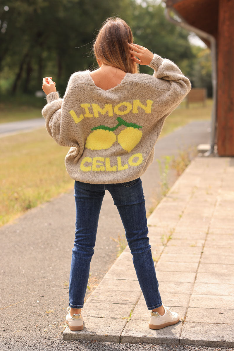 Taupe chunky knit cardigan with lemon 'limoncello' back pattern