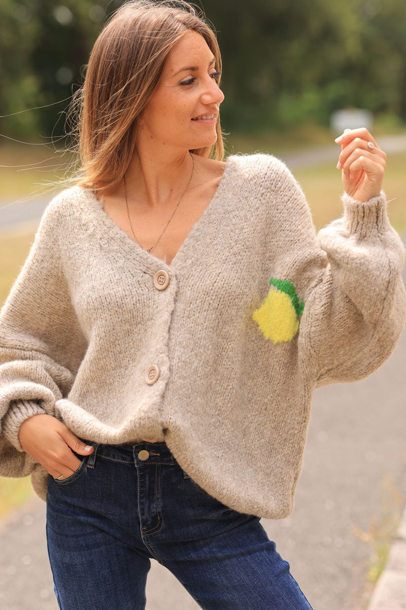 Taupe Chunky Knit Cardigan with Lemon Limoncello Back Pattern Horizons Lointains