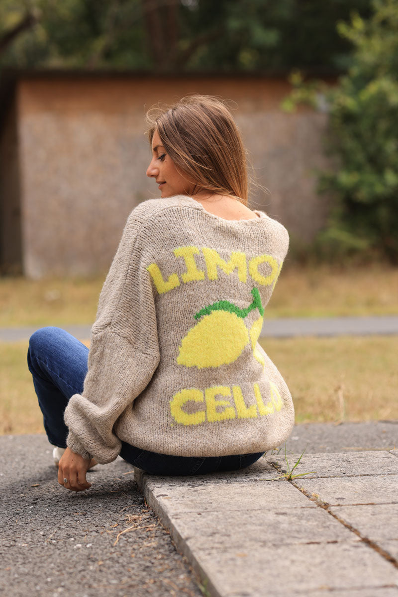 Taupe chunky knit cardigan with lemon 'limoncello' back pattern