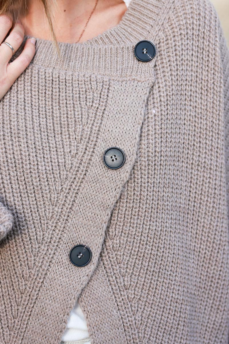 Taupe chunky knit cardigan with crossover buttons