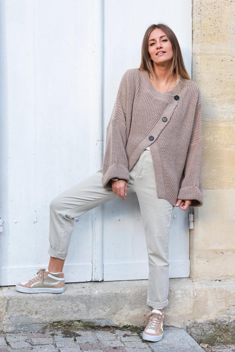 Taupe chunky knit cardigan with crossover buttons