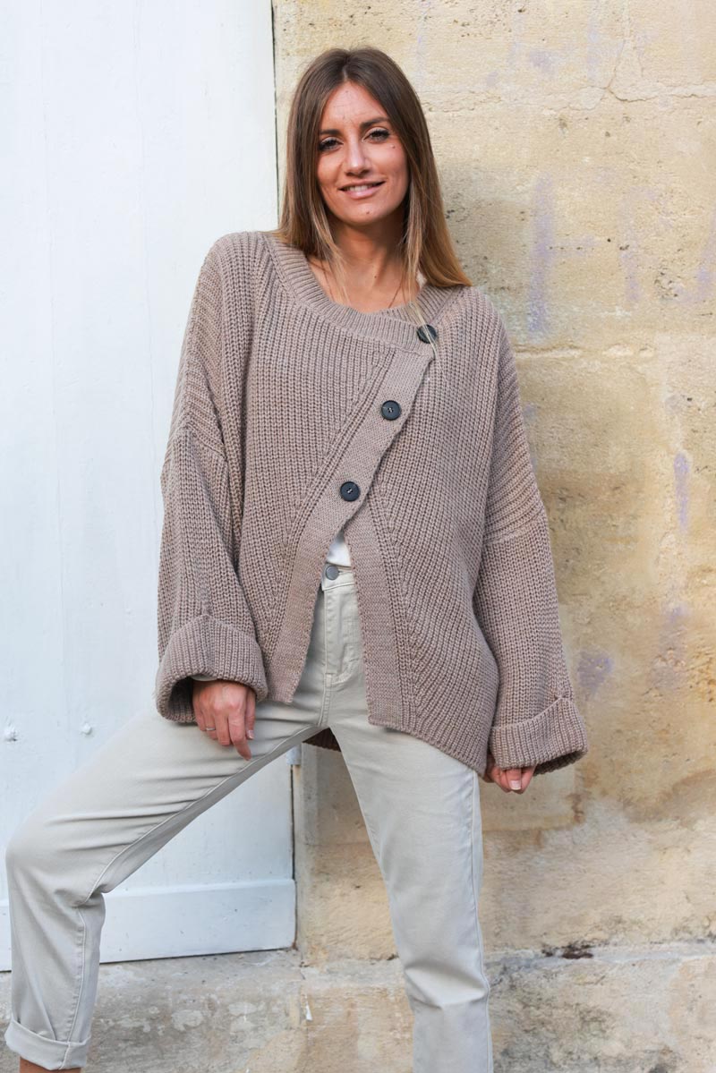 Taupe chunky knit cardigan with crossover buttons