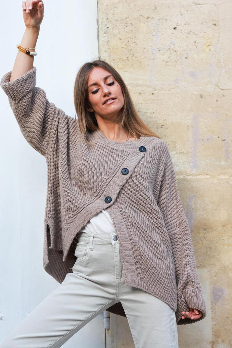 Taupe chunky knit cardigan with crossover buttons