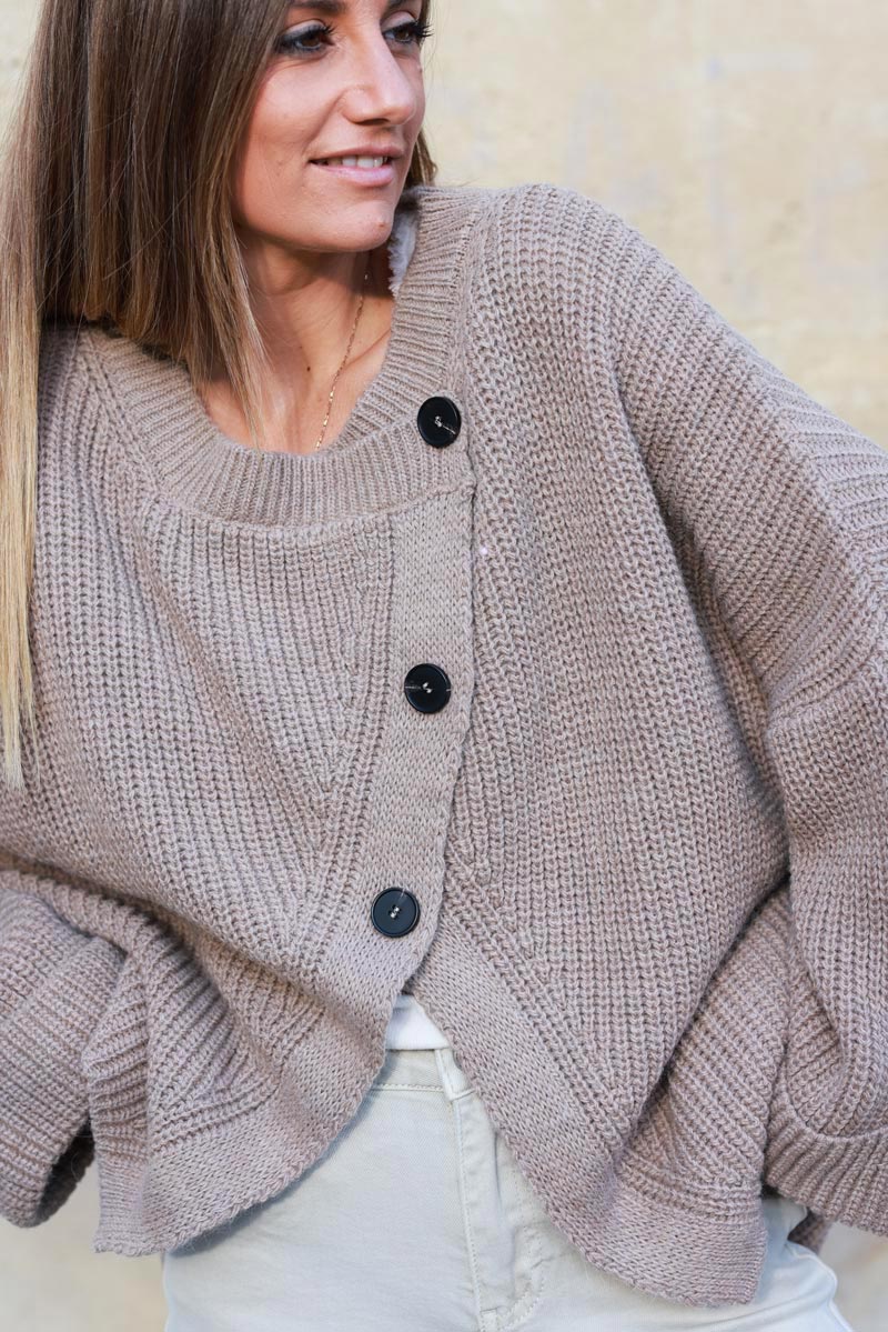 Taupe chunky knit cardigan with crossover buttons