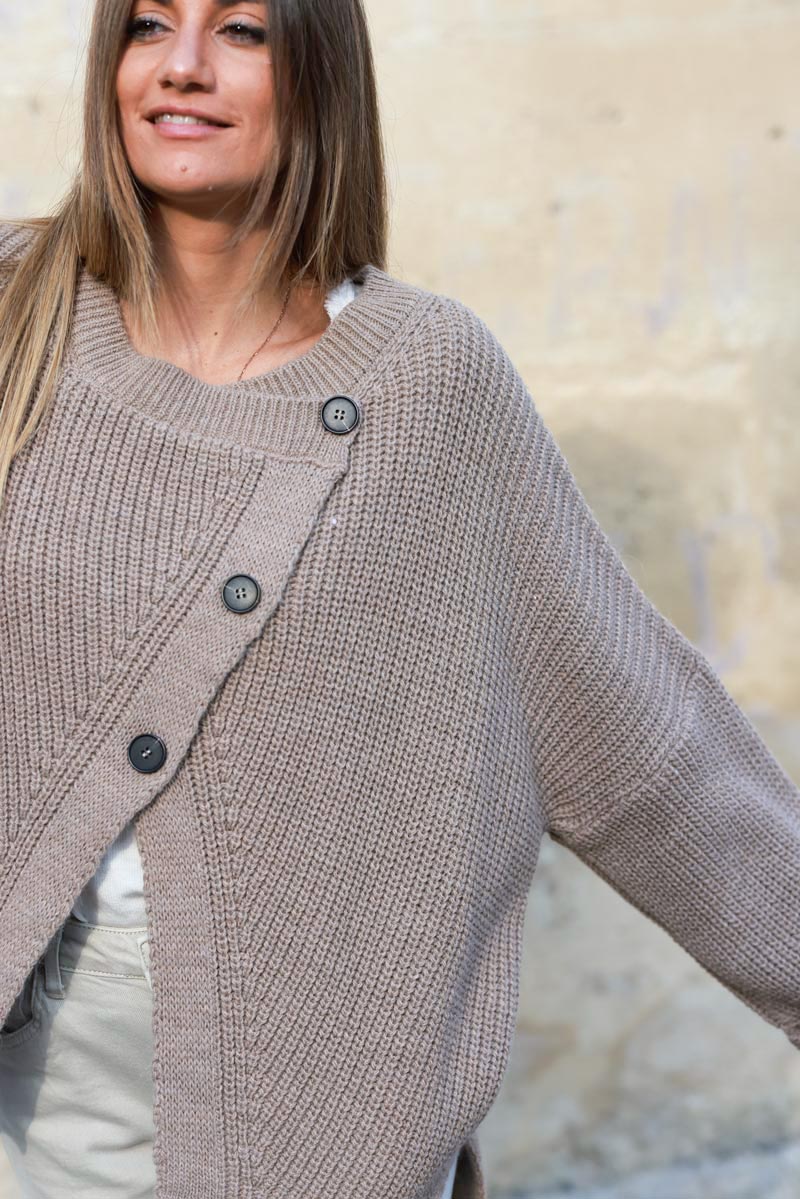 Taupe chunky knit cardigan with crossover buttons