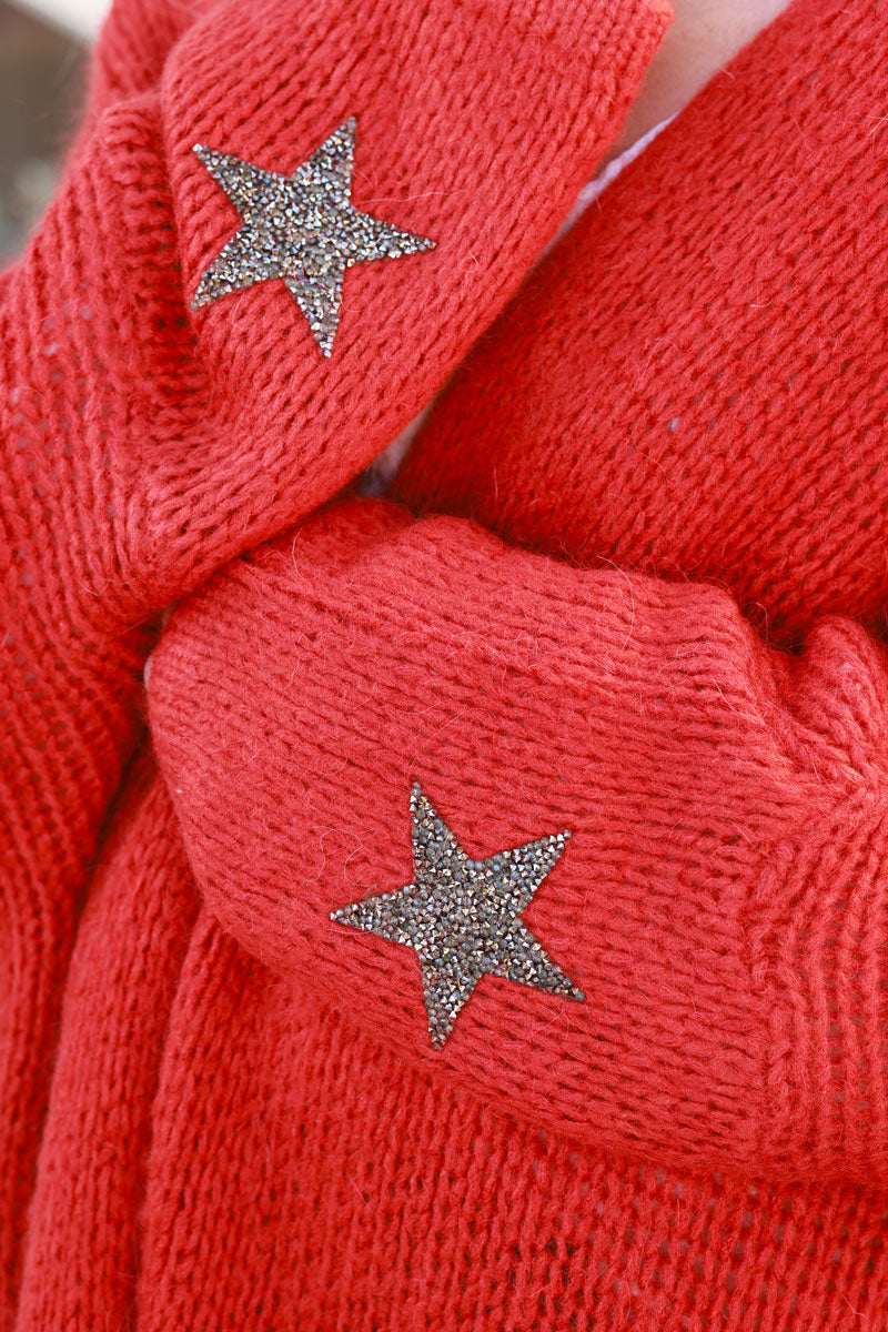 Terracotta medium-long chunky knit cardigan with rhinestone star detail