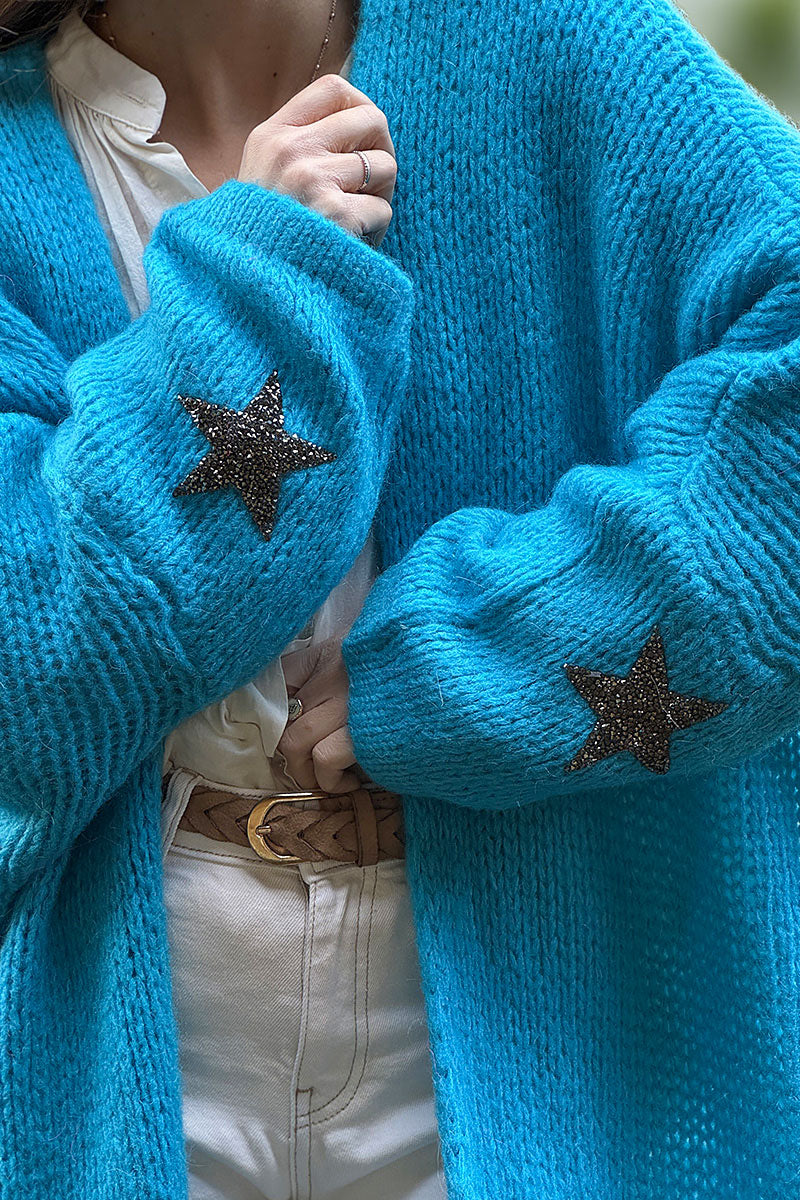 Turquoise Drop-Sleeve Knit Duster with Star Studded Cuffs