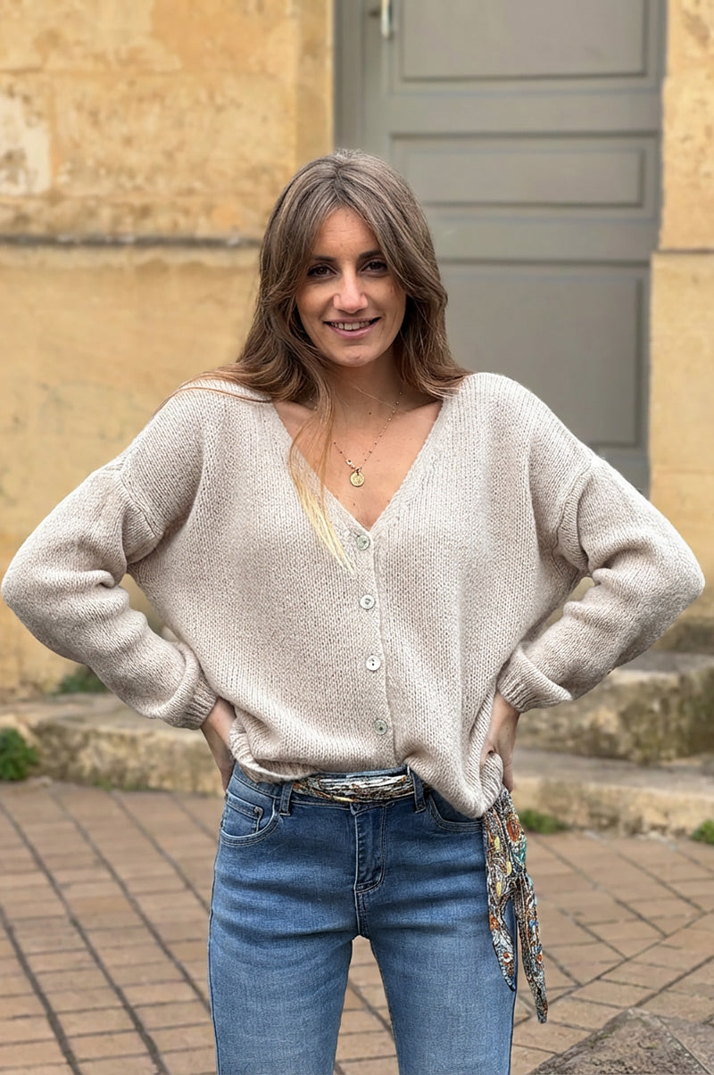 Beige Mother of Pearl Button through V-Neck Cardigan