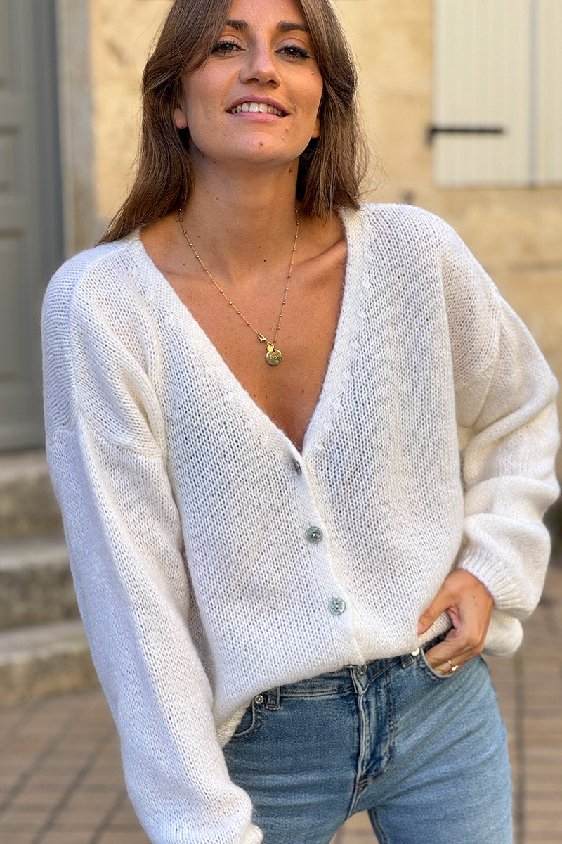 Ivory Mother of Pearl Button through V-Neck Cardigan - HORIZONS