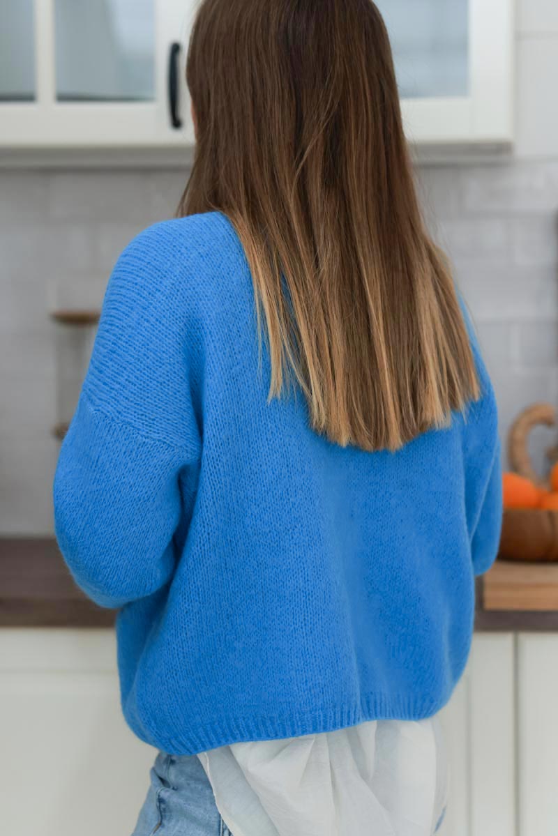 Blue Mother of Pearl Button through V-Neck Cardigan