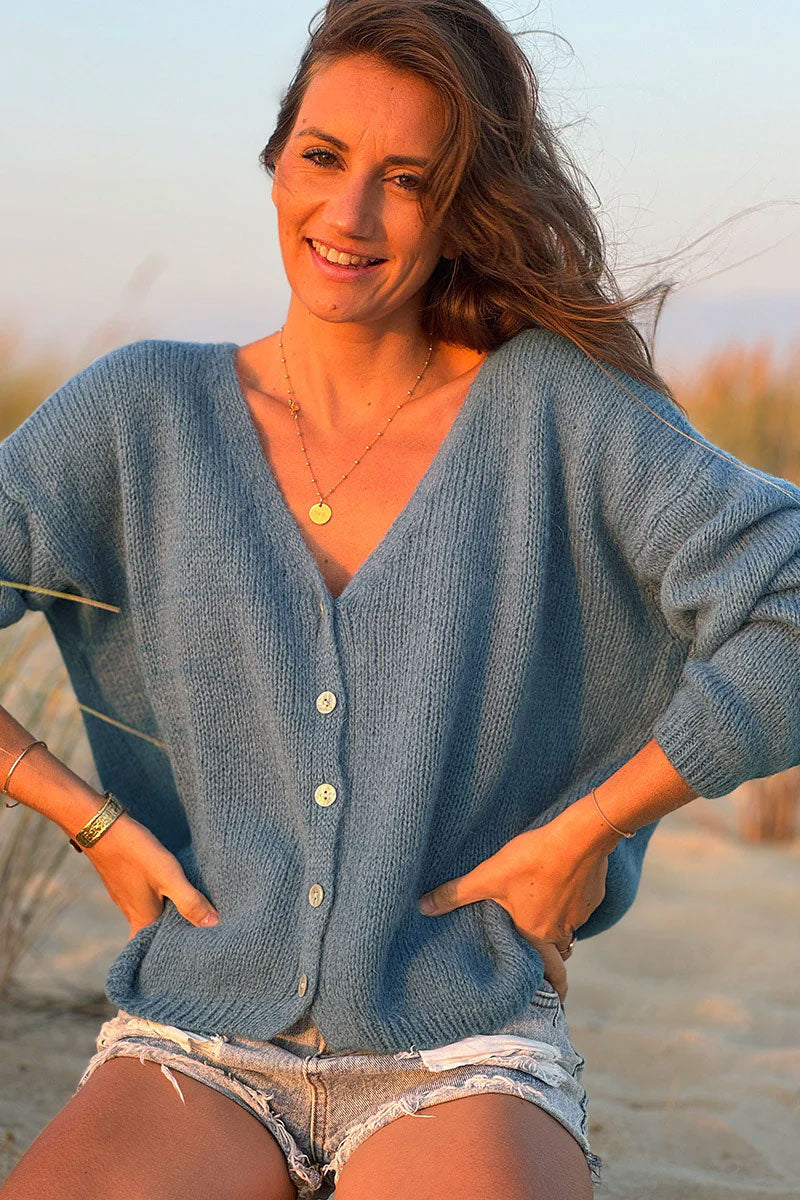 Blue Mother of Pearl Button through V-Neck Cardigan