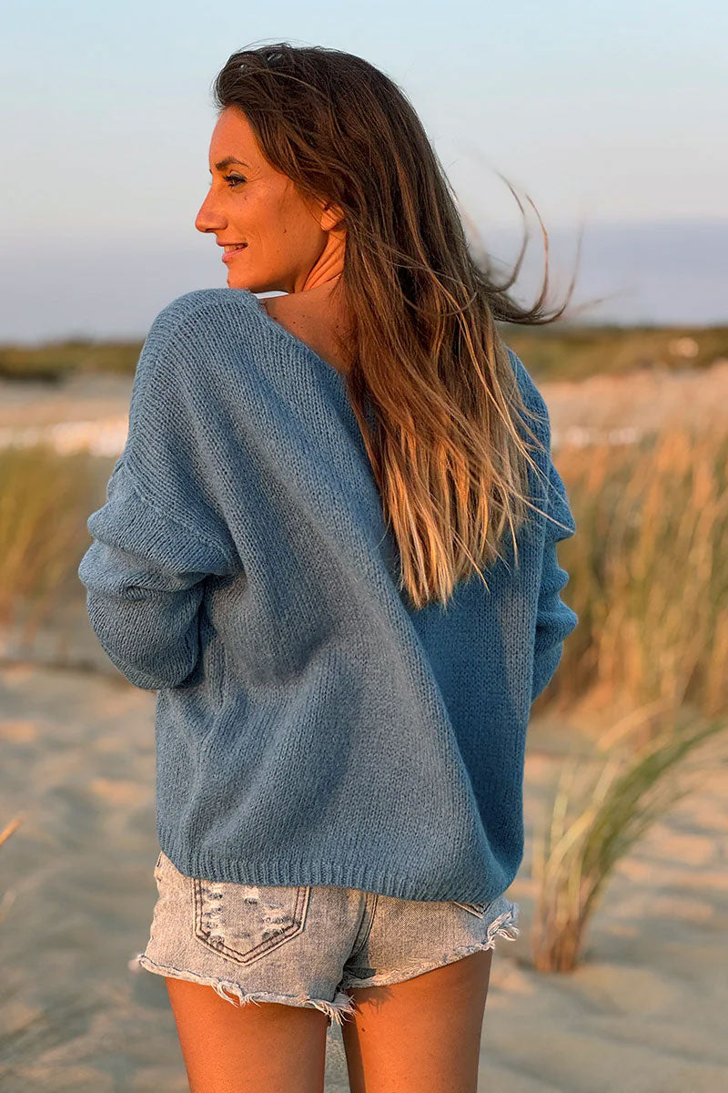 Blue Mother of Pearl Button through V-Neck Cardigan